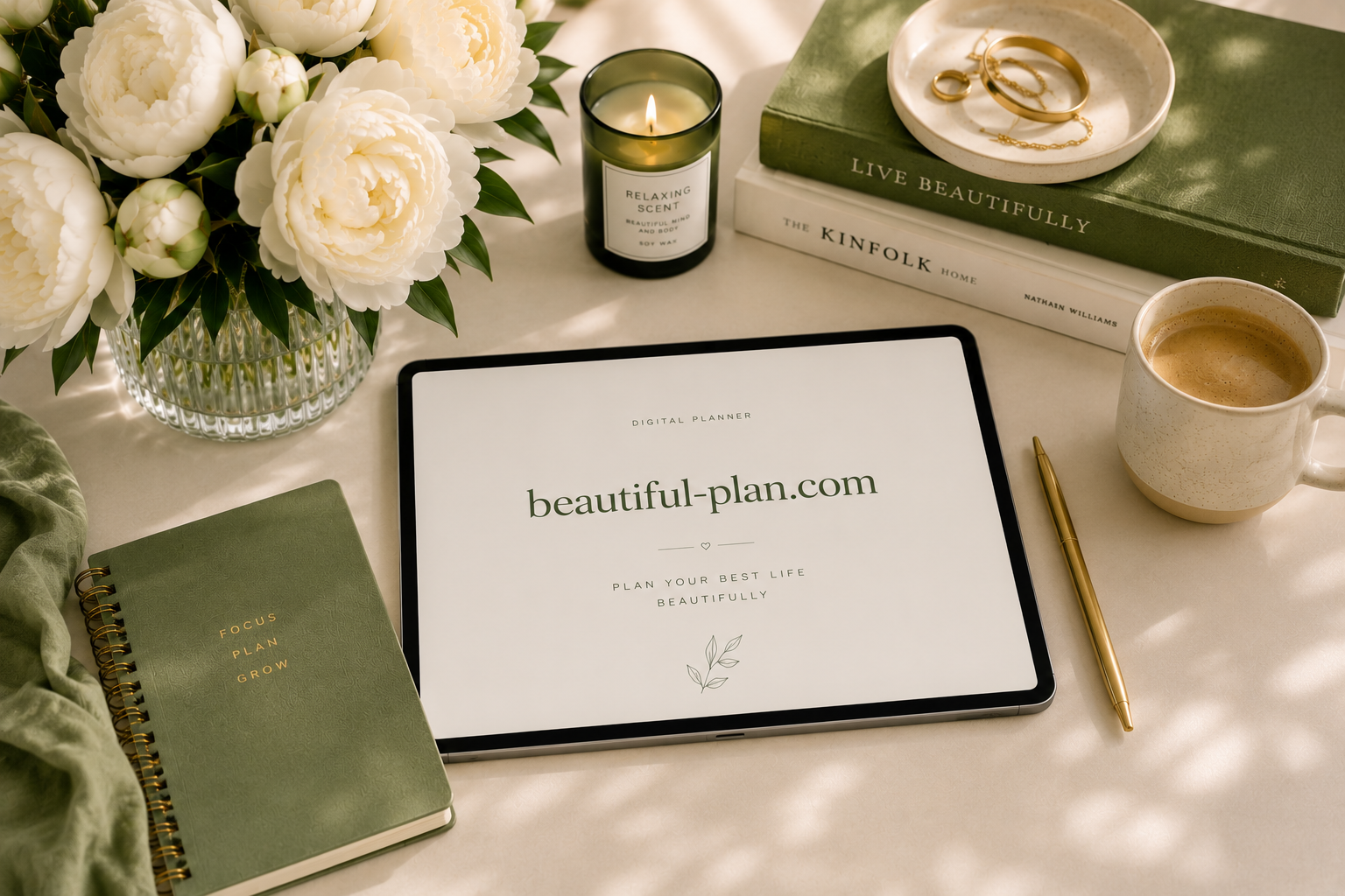 A workspace with a vase of white flowers, a lit candle, a green and white book, a digital planner on a tablet displaying 'beautiful-plan.com', a gold pen, a cup of coffee, two stacked books, and a small dish with rings and jewelry.