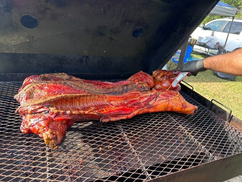 A whole pig being smoked on a grill, with someone applying sauce or glaze to it.
