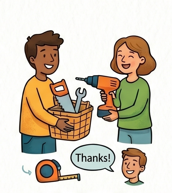 A woman and a man are smiling and exchanging tools, with the woman holding a cordless drill and the man holding a basket with a saw and wrench. A boy with short hair is also smiling nearby, with a tape measure and a speech bubble saying 'Thanks!'