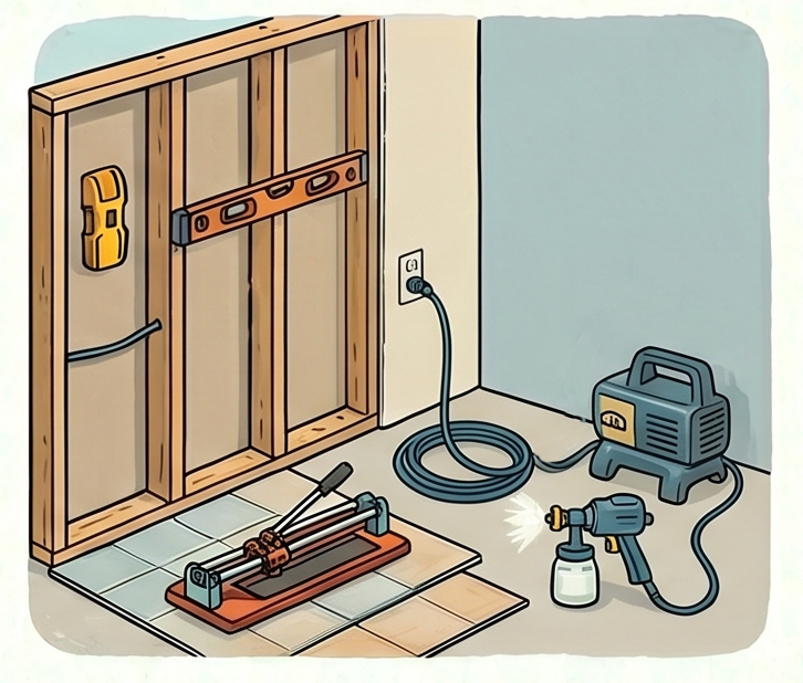 A garage wall with exposed framing, electrical outlet, and cord, a blue air compressor connected with a hose to a paint sprayer, a tile cutting tool on the floor, and a stud finder and level attached to the wall.