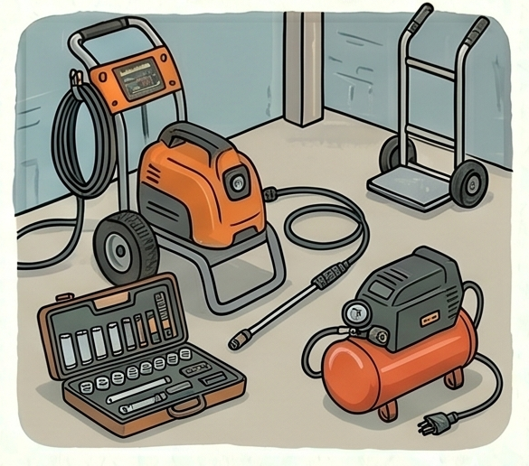 Illustration of various home plumbing tools, including a drain snake, a sump pump, a drain auger, a water pressure tester, and a small air compressor, arranged on the floor in a room.