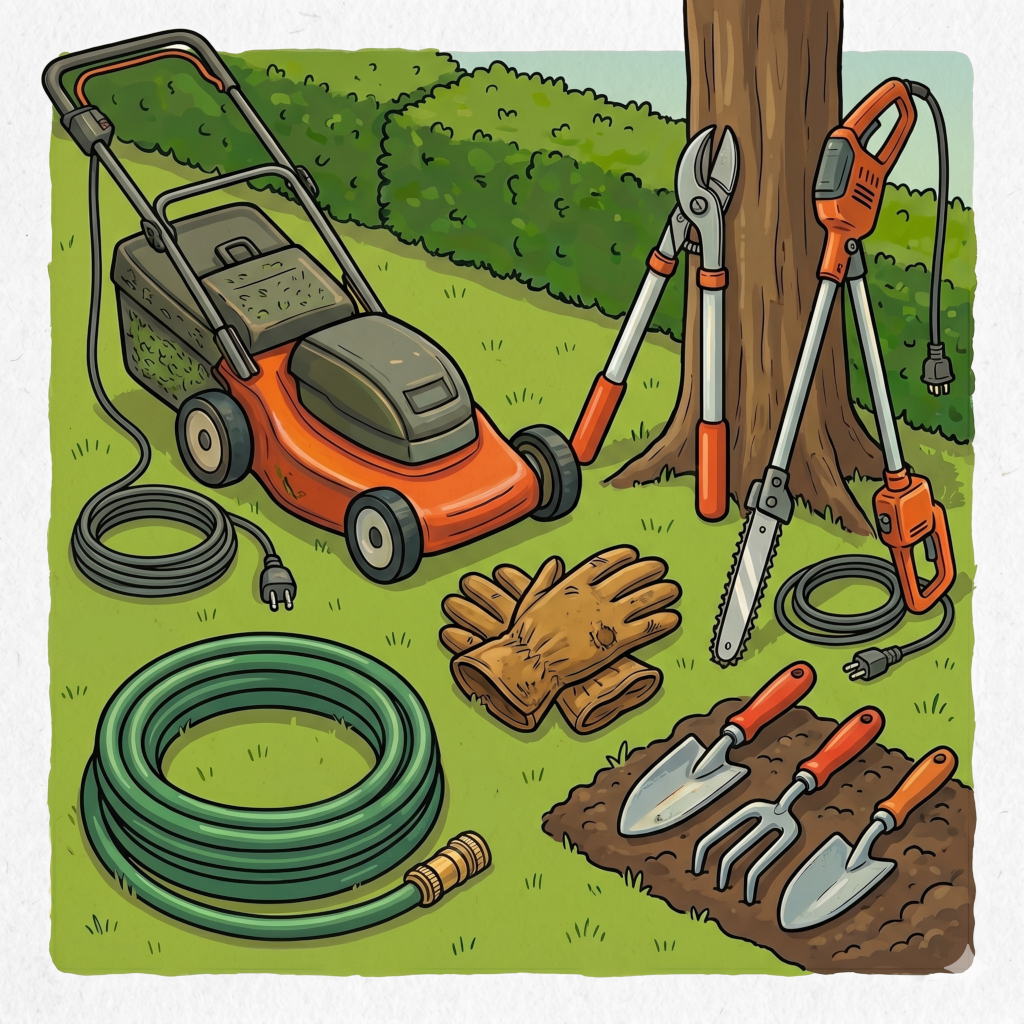 A collection of gardening tools and equipment placed on grass near a tree, including a lawn mower, pruning shears, a chainsaw, a leaf blower, a pair of gloves, a garden hose, and small garden tools like trowels and a cultivator.