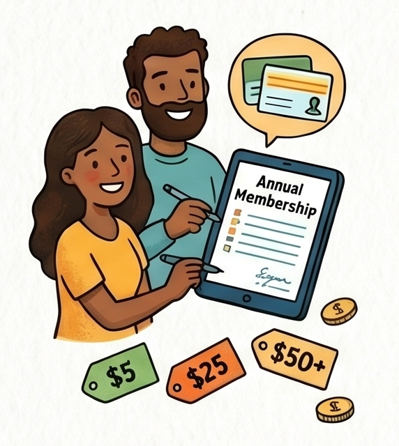 Illustration of a smiling couple signing an annual membership form on a tablet. There are colorful paper tags with prices $5, $25, and $50+, and coins nearby. A speech bubble shows cards or IDs.