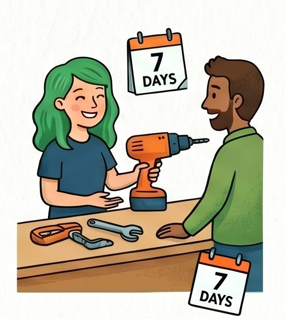 A woman with green hair smiling and holding a power drill while talking to a man with a brown beard and short hair, wearing a green shirt. There are tools on the table, and a calendar shows "7 DAYS" above them.
