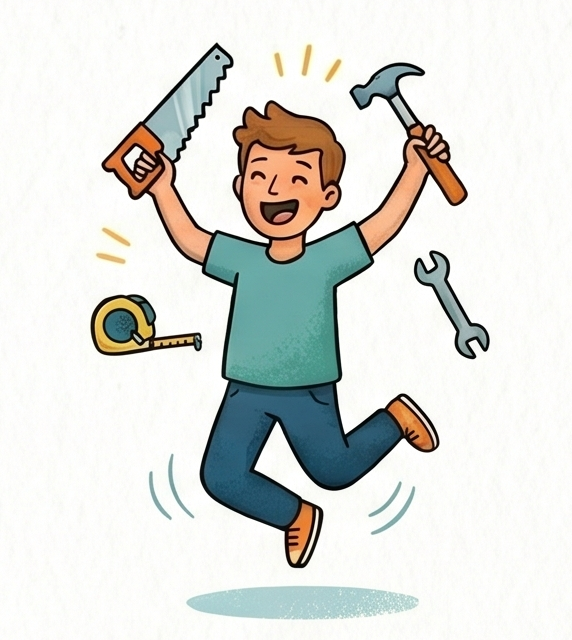 A cartoon boy happily jumping with tools including a saw, hammer, wrench, and tape measure around him.