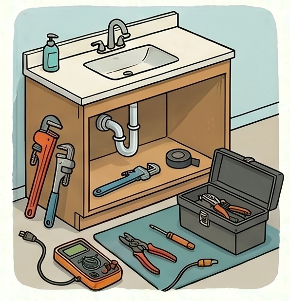 A bathroom vanity with a sink, soap dispenser, and tools for plumbing repairs like pliers, a wrench, and a pipe cutter. There is a toolbox with additional tools, a portable multimeter, and a rubber mat, indicating plumbing or maintenance work.