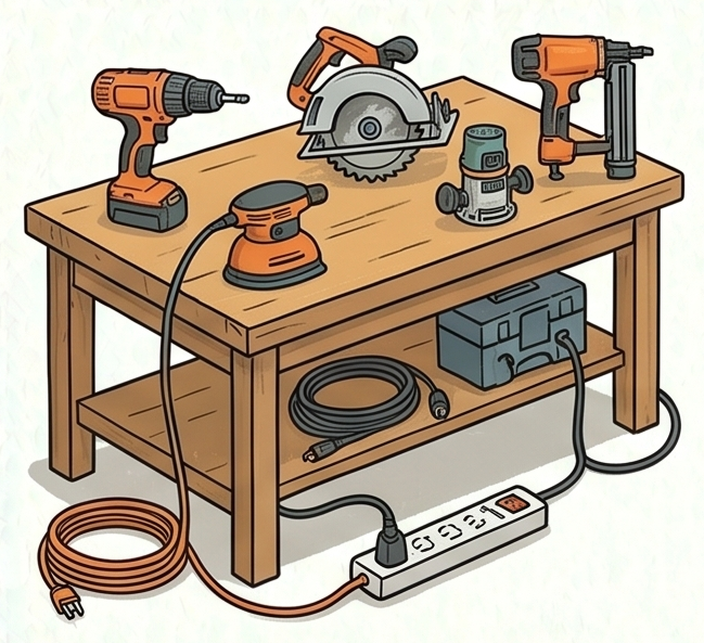 Tools and equipment on a wooden workbench, including a cordless drill, a circular saw, an electric sander, an electric caliper, and a cordless impact driver. An extension cord and a power strip are also on the bench.