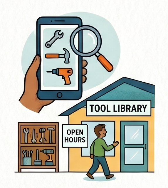 Illustration of a person walking into a tool library. There is a building labeled 'Tool Library' with an 'Open Hours' sign. Next to the building, a bookshelf holds various hand tools. Above, a hand holds a smartphone displaying different tools and a magnifying glass, symbolizing tool selection or search.