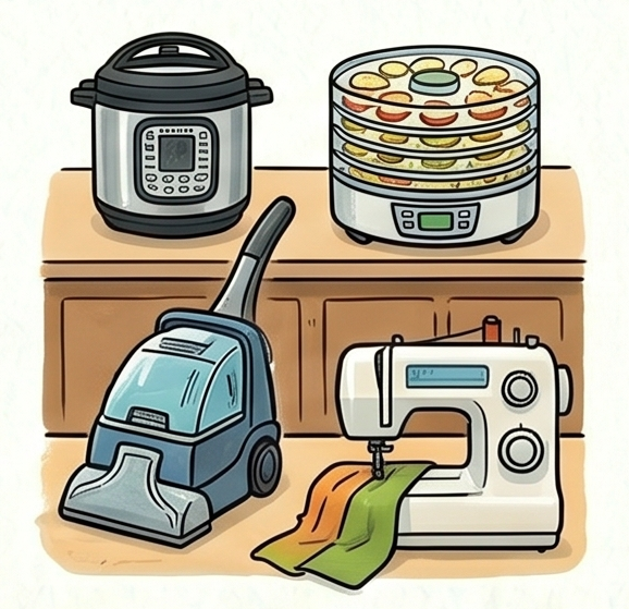 Kitchen countertop with a multi-cooker, food dehydrator with sliced vegetables, vacuum cleaner, and a sewing machine with fabric.