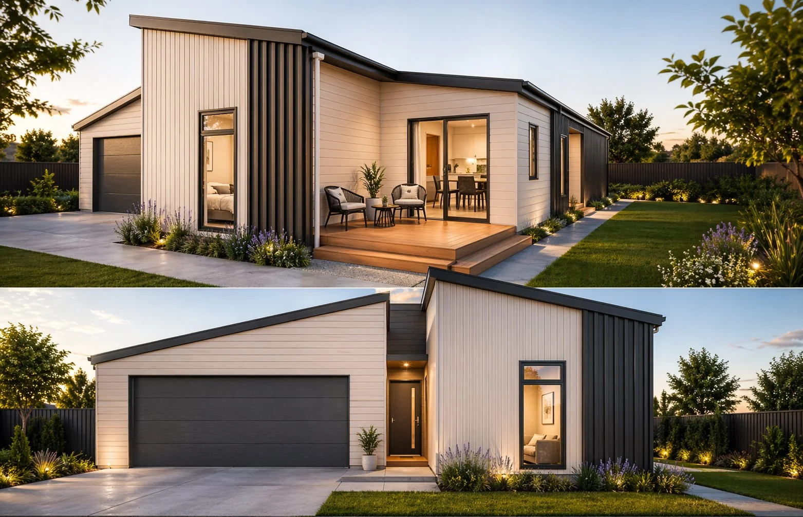 Modern two-story house with black and white siding, front porch, large glass sliding doors, and a two-car garage, surrounded by landscaped yard with greenery and outdoor lighting, during sunset.