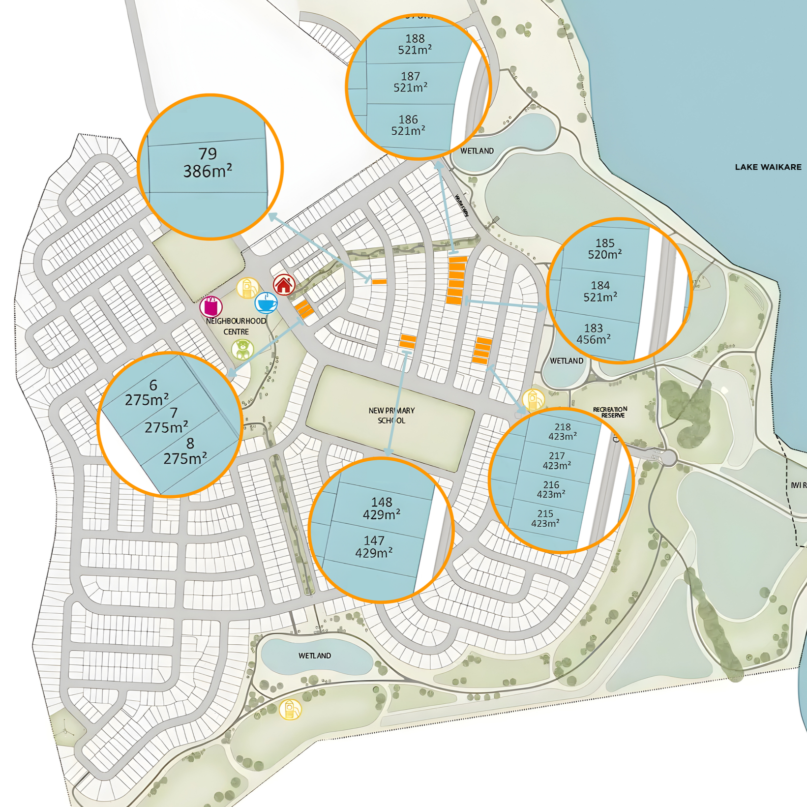 A detailed map of a residential community showing parcel boundaries, lot numbers, and sizes, with parks, wetlands, and a lake in the background.