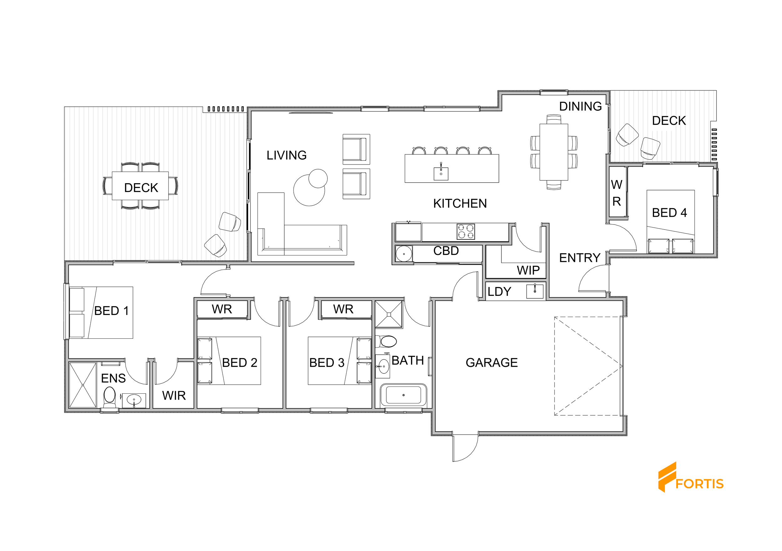 Floor plan of a house showing labeled rooms including living, kitchen, dining, bedrooms, bathrooms, garage, and decks outside.