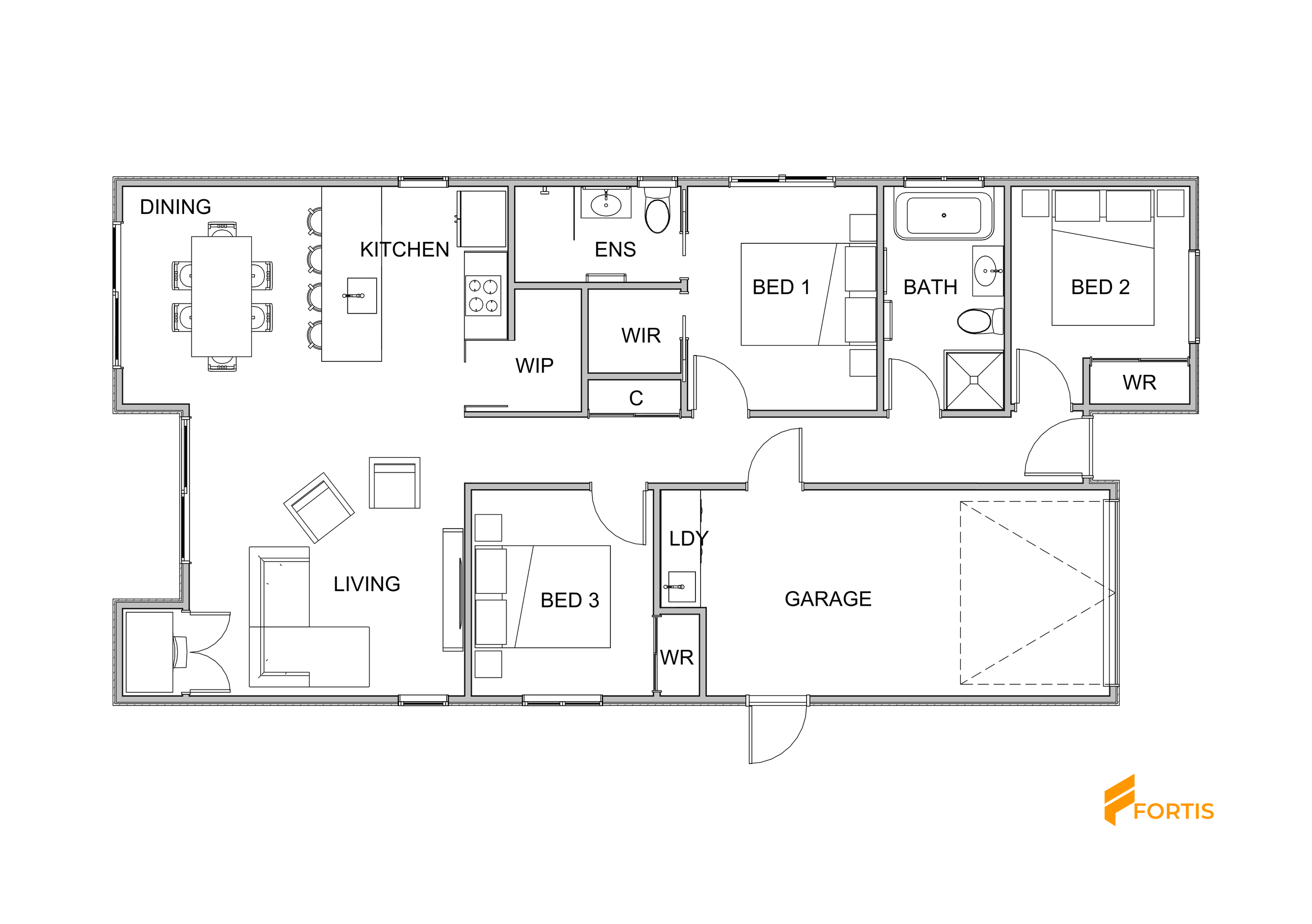 Floor plan of a house showing rooms including a dining area, kitchen, living room, three bedrooms, two bathrooms, laundry, and garage.