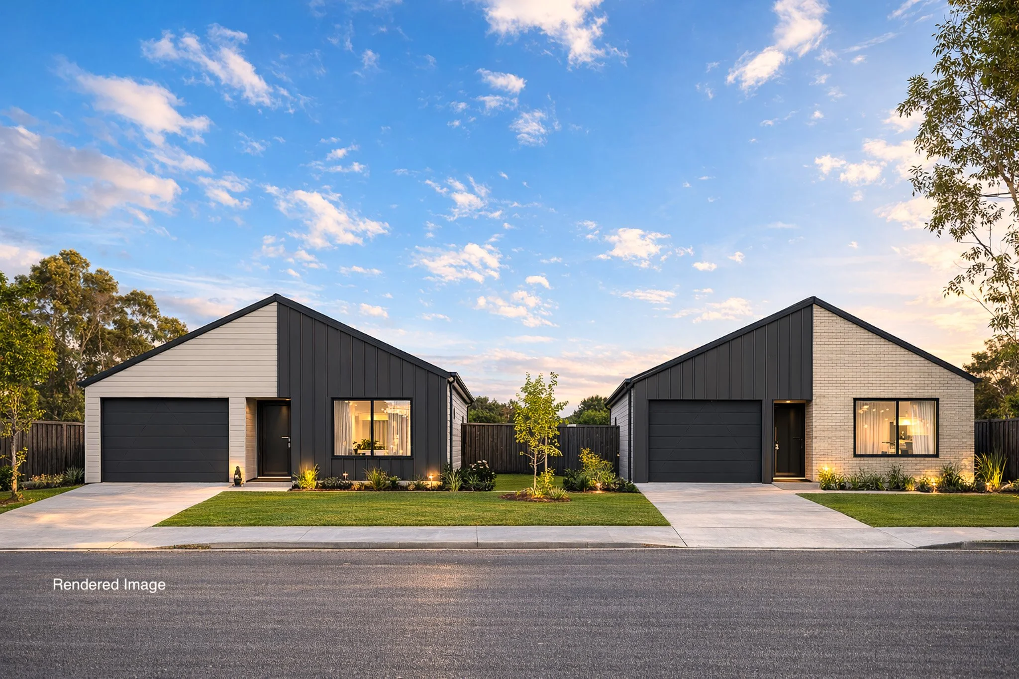 Two modern houses with black and white exteriors, large windows, and small front yards, set against a blue sky with scattered clouds in the background.