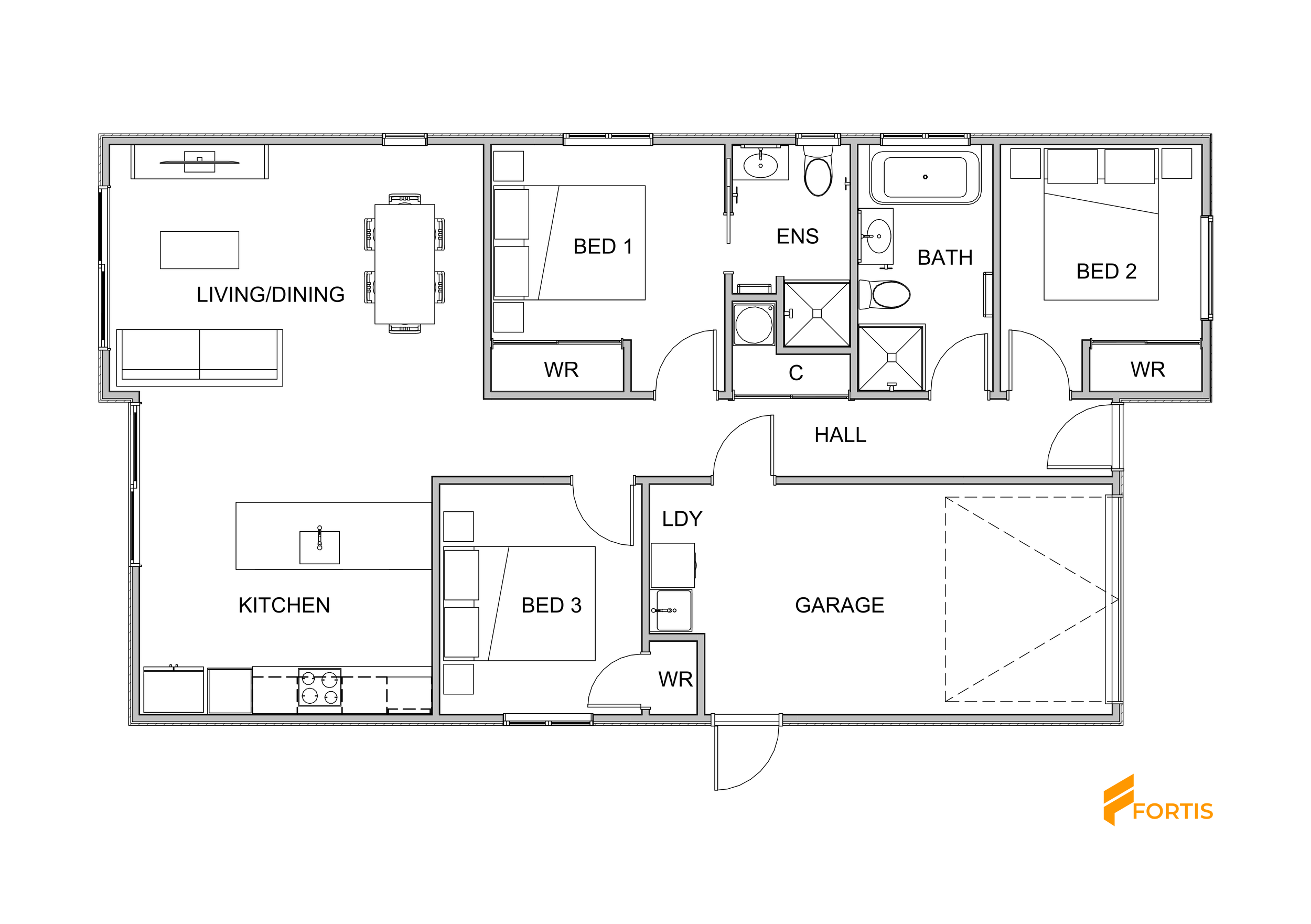 Floor plan of a house showing a living/dining room, kitchen, three bedrooms, two bathrooms, laundry, garage, and hallways.
