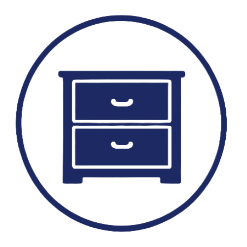 Icon of a two-drawer nightstand or small dresser inside a circular outline