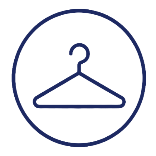 Outline of a coat hanger inside a circle, representing clothing or wardrobe.