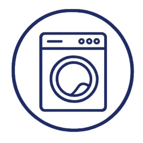Line drawing of a washing machine inside a circle.