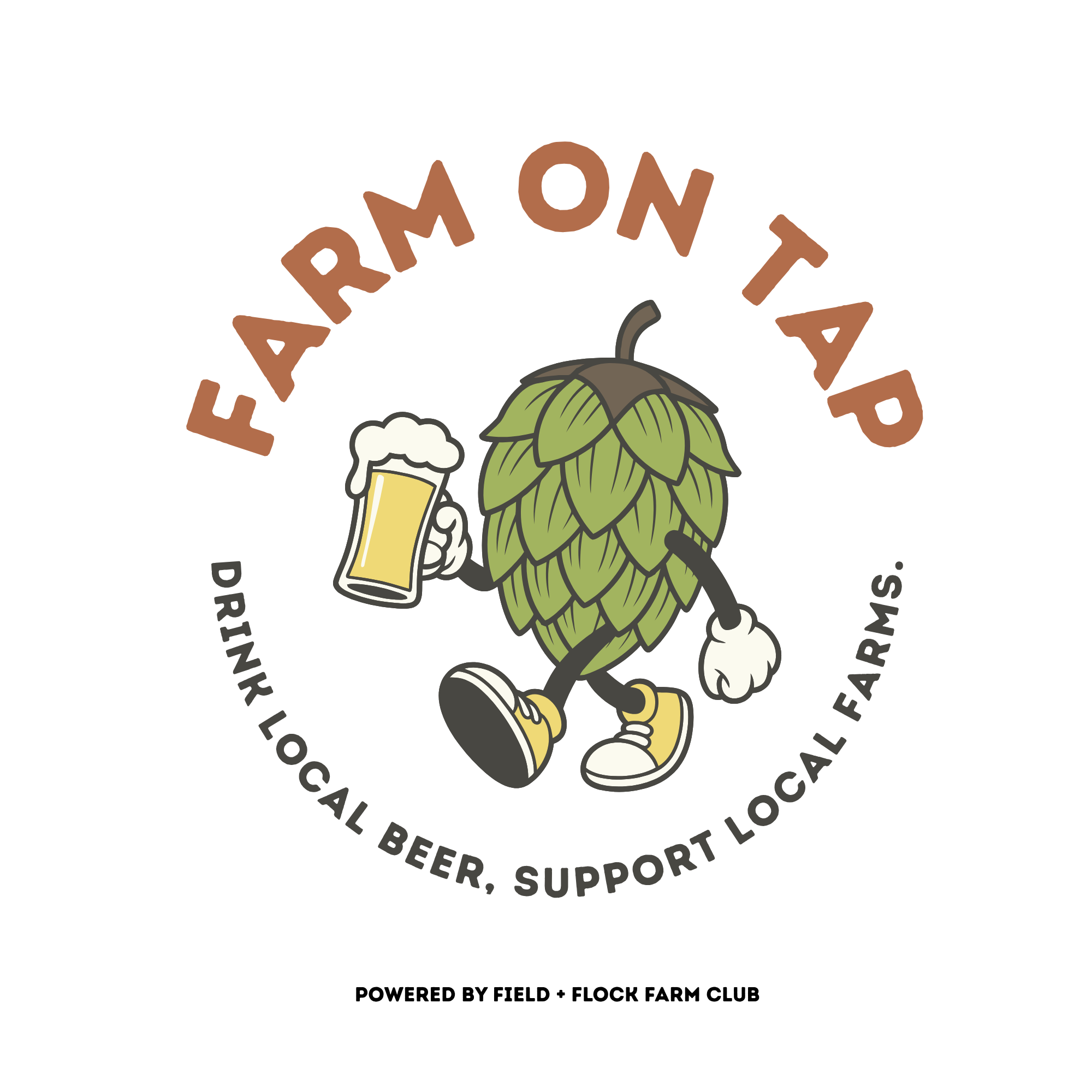 Logo featuring a cartoon hop cone character holding a beer mug, with text promoting local beer support and beer clubs.