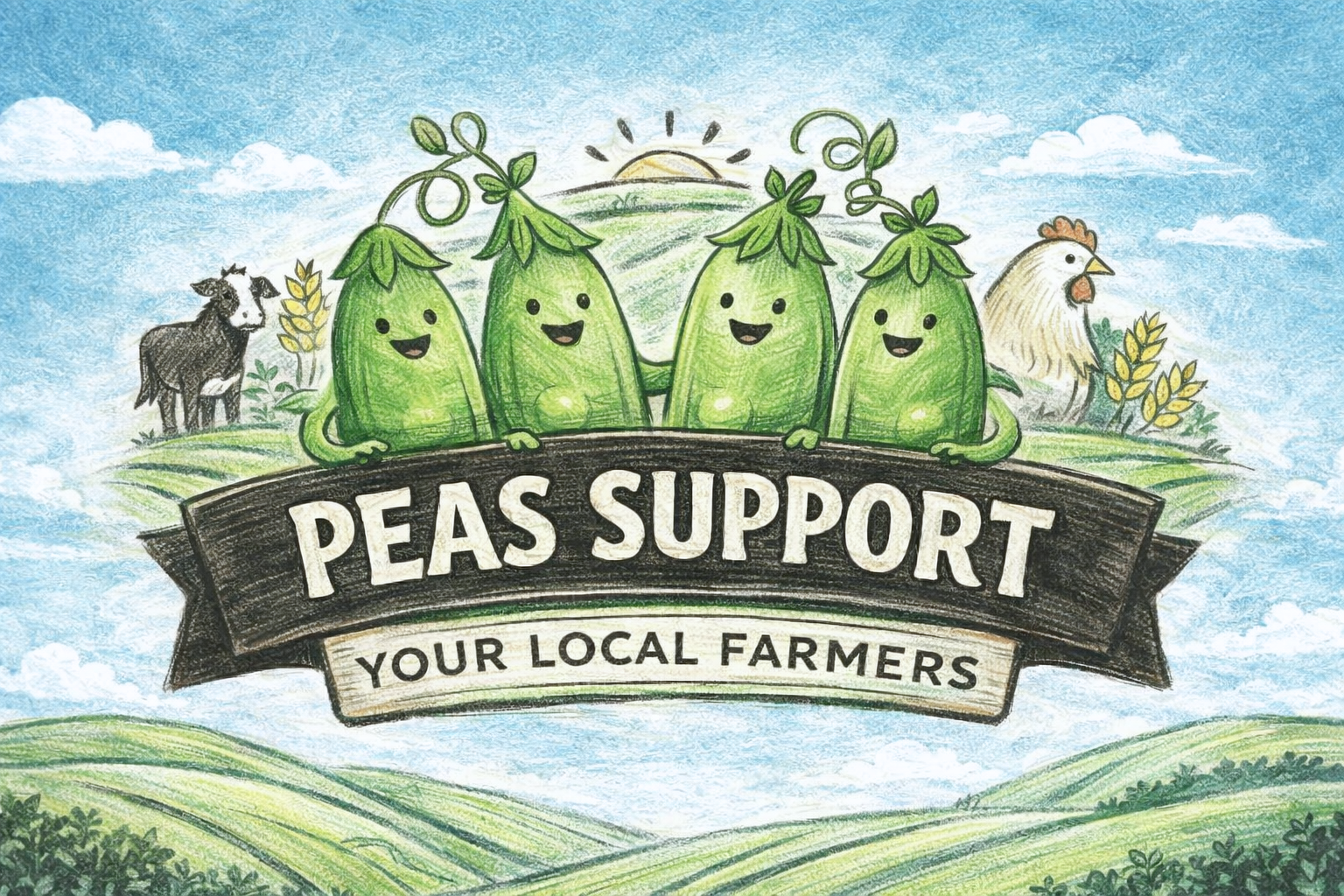 Illustration of animated peas holding a banner that reads 'Peas Support Your Local Farmers' with a cow and a chicken in a farm landscape.