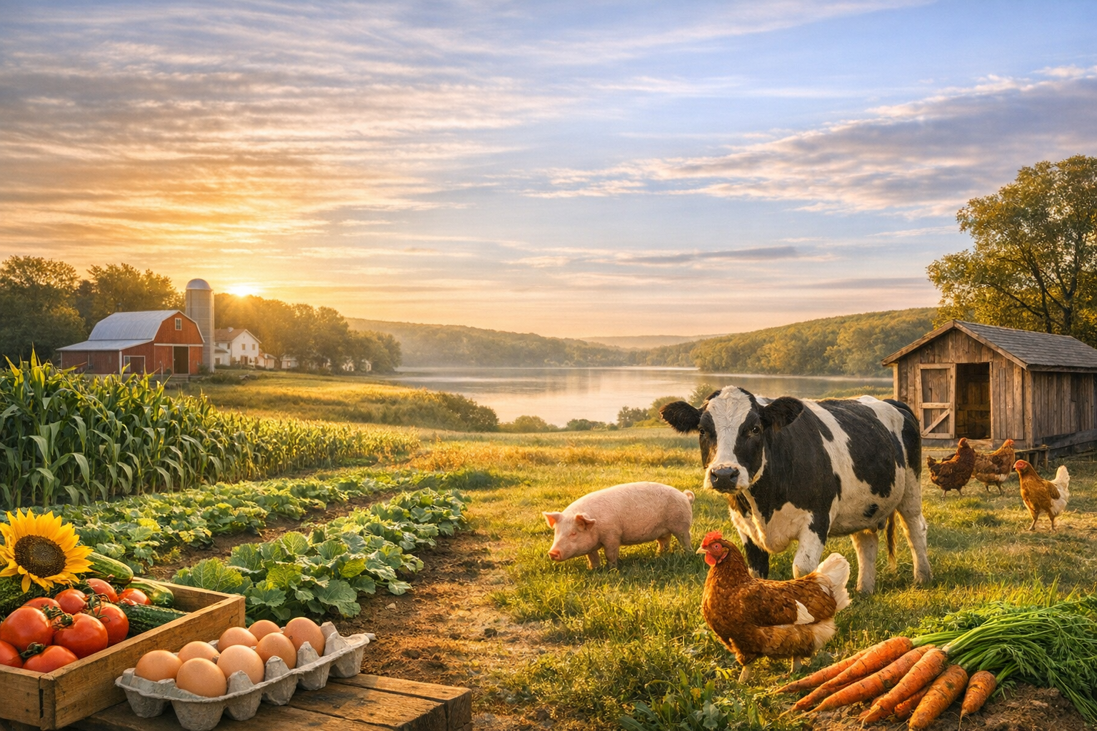 Farm scene at sunset with a cow, pig, chickens, and vegetables including carrots, tomatoes, eggs, and leafy greens, near a barn, with a lake and trees in the background.