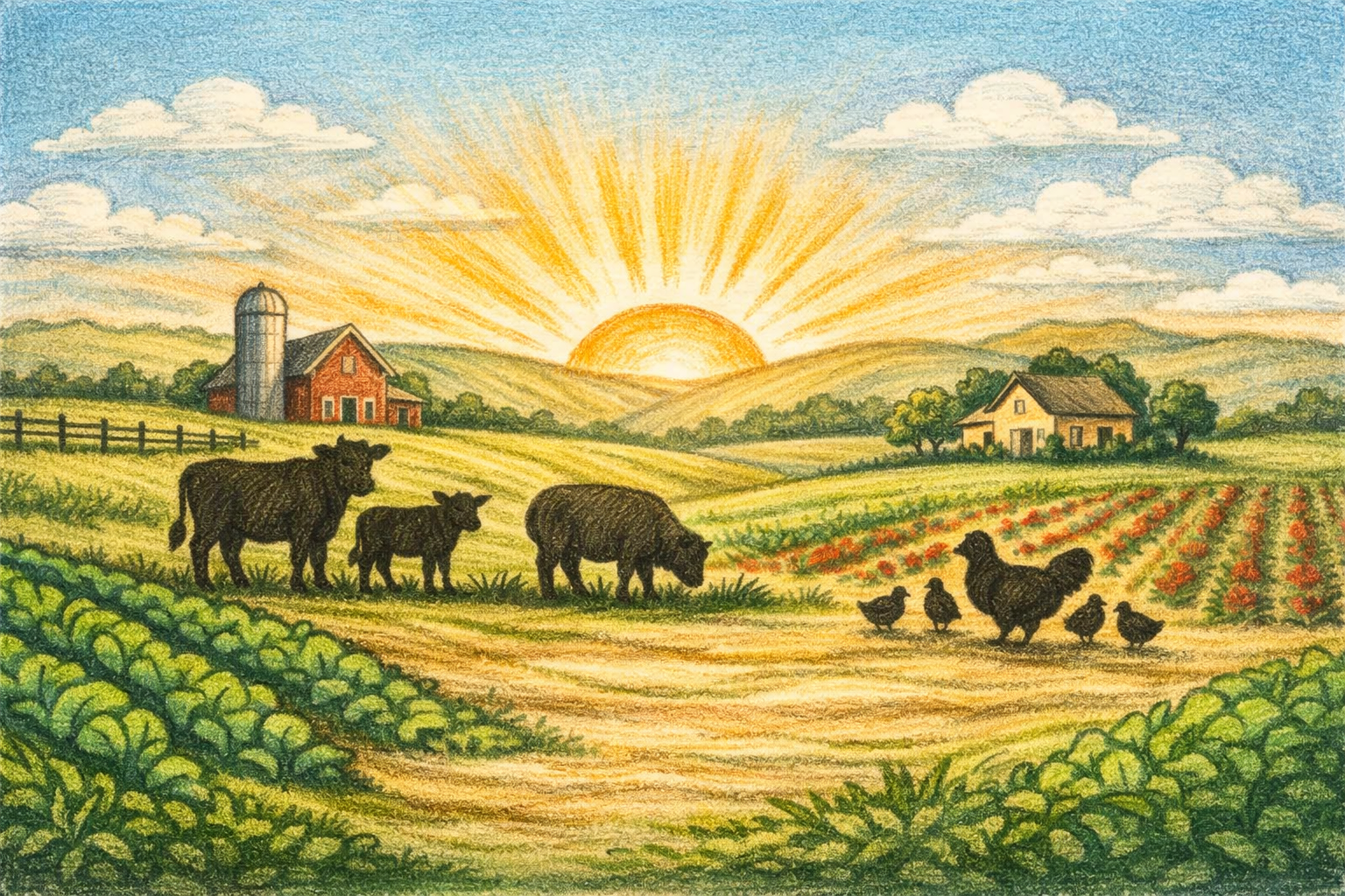 Illustration of a farm at sunrise with cows, chickens, a barn, a silo, and fields of crops.