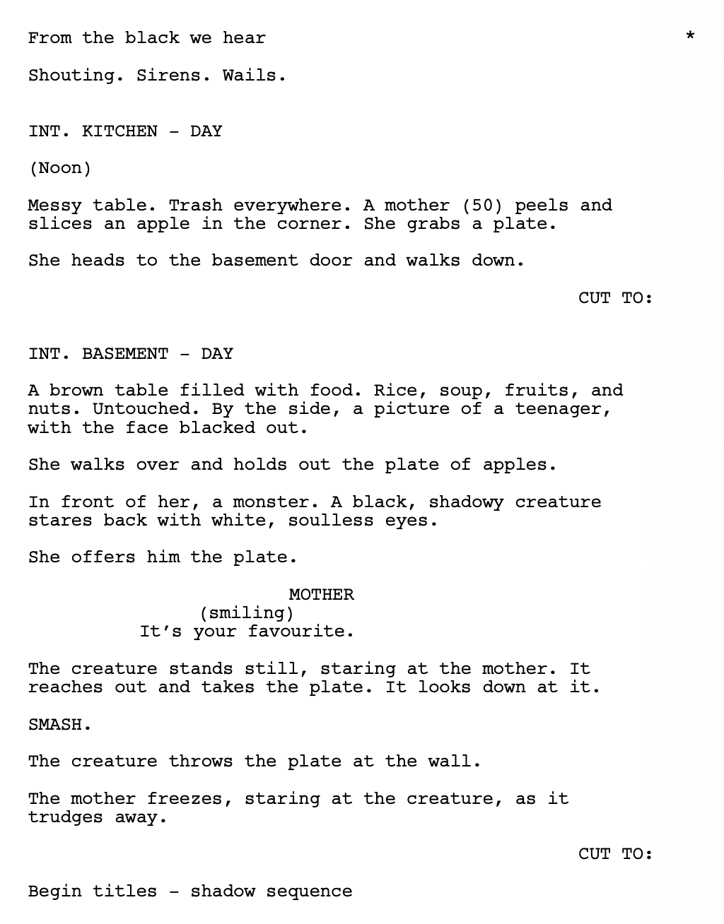 A screenplay script showing scenes in a kitchen and basement with a monster and a mother.