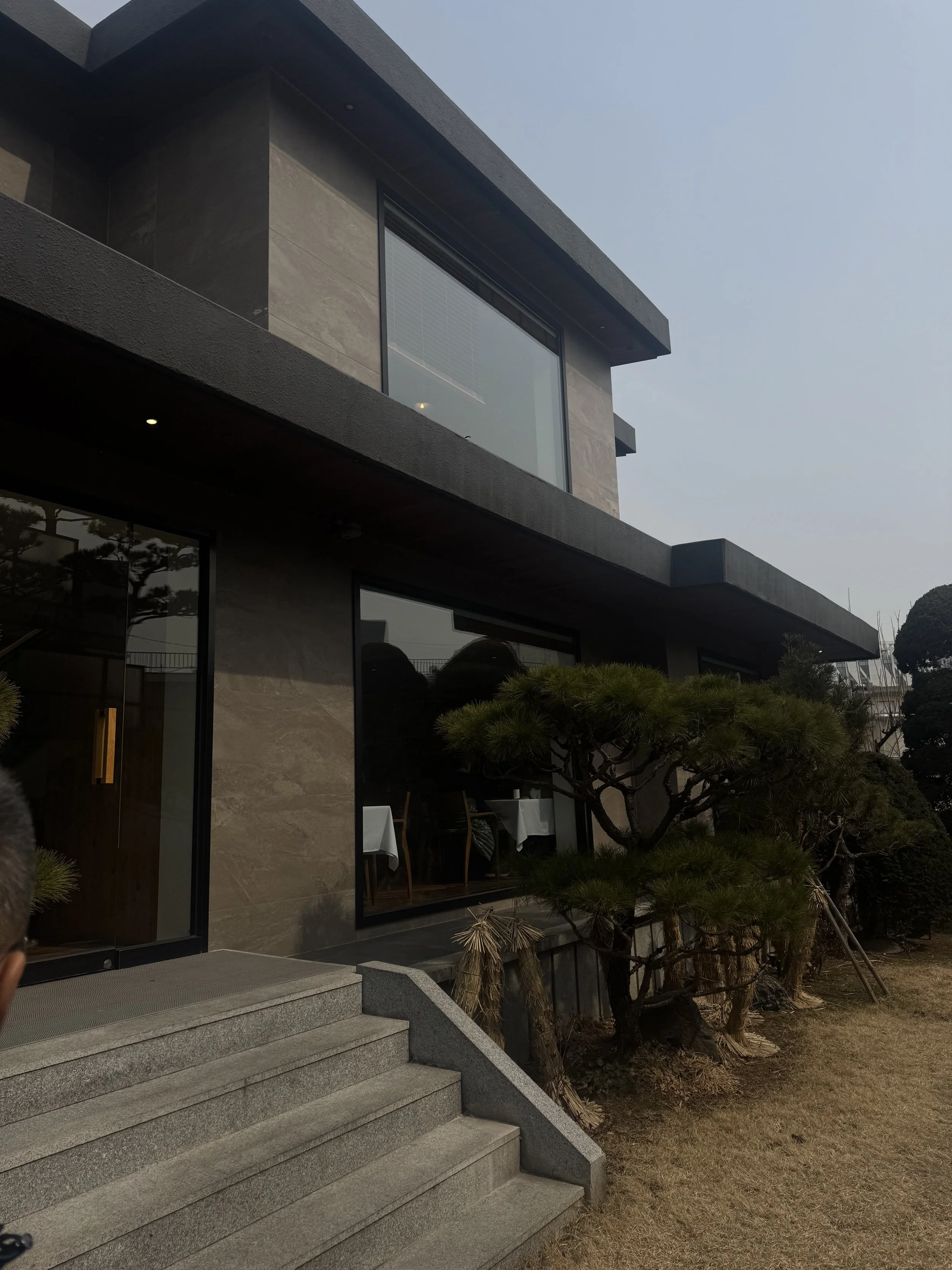 Modern two-story house with large glass windows, stone exterior, surrounded by well-maintained landscaping including a uniquely shaped pine tree and small bushes, with stone stairs leading up to the entrance.