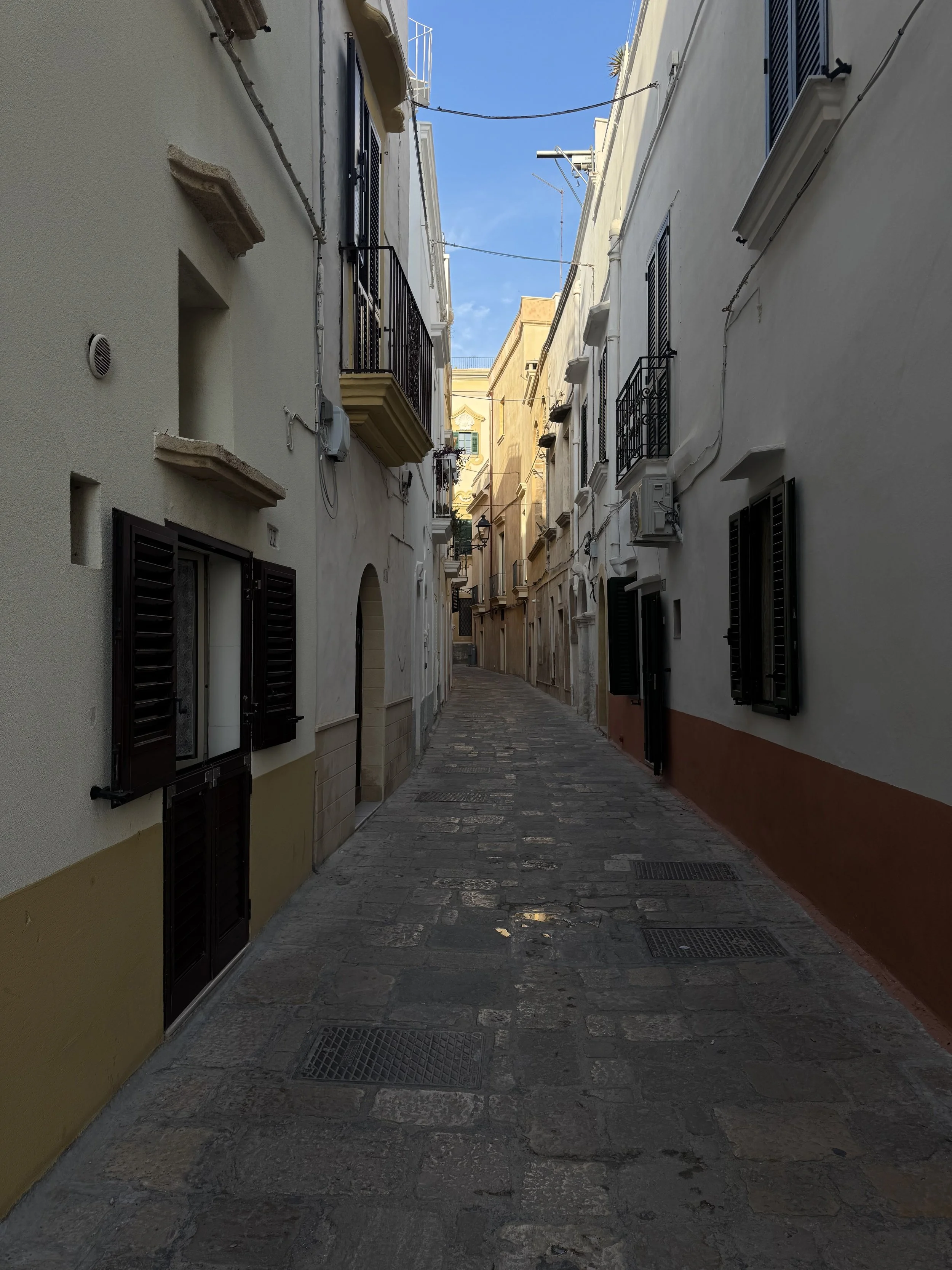 A narrow cobblestone alleyway lined with multi-story buildings with windows, some with black shutters and balconies, under a blue sky.