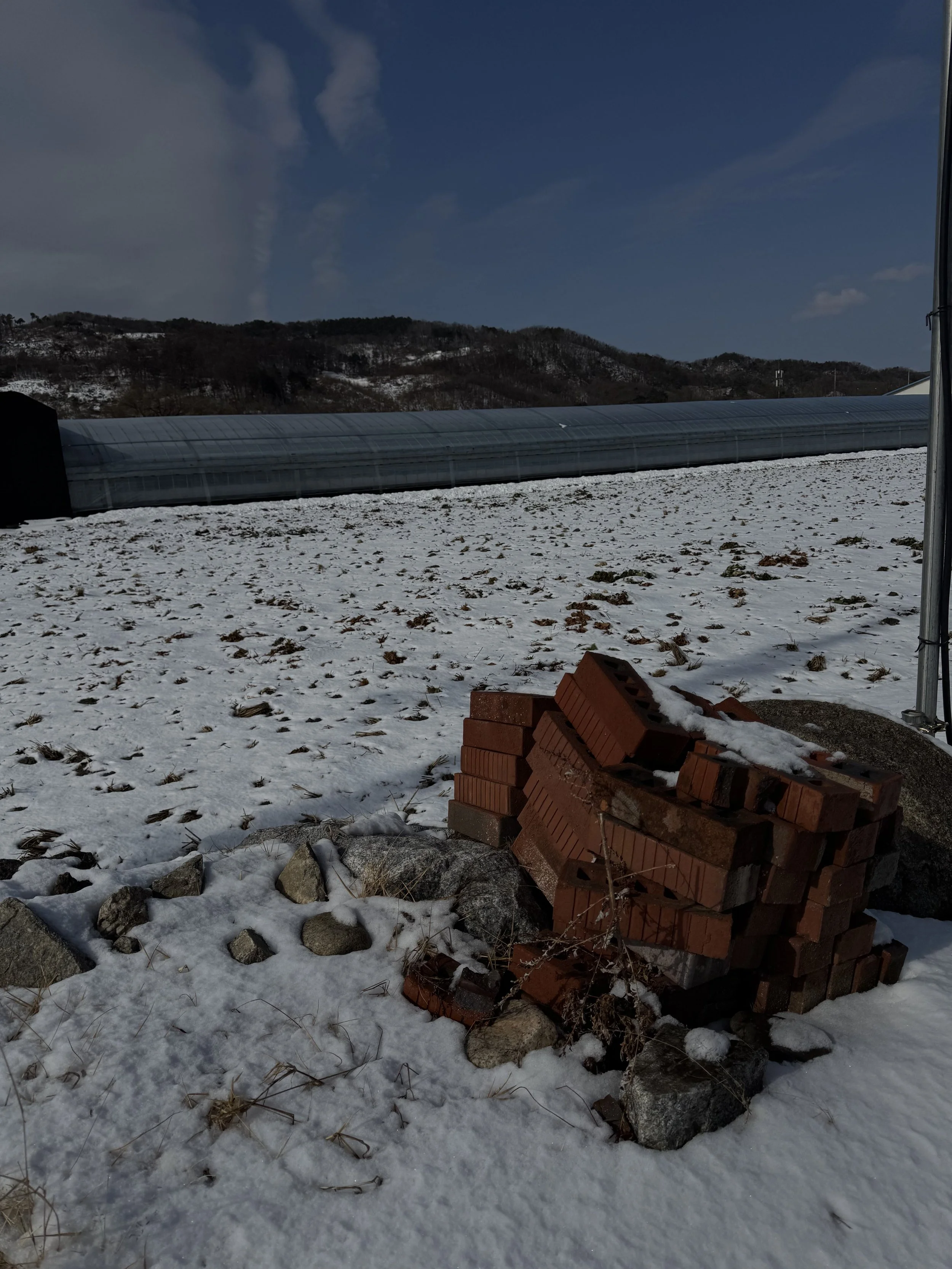 Stacked red bricks on snow-covered ground with rocks and dry grass in foreground, with a mountain range and blue sky in background.