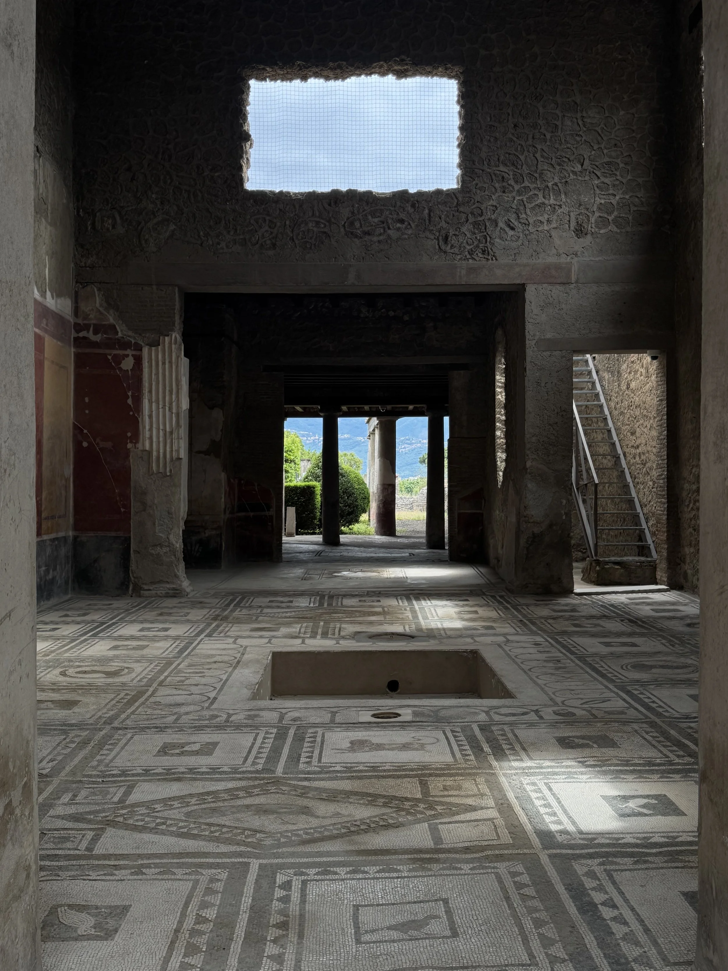 Interior view of ancient ruins with stone walls, columns, and mosaic flooring, looking toward an open courtyard with trees and mountains in the distance, and a blue sky visible through openings in the structure.