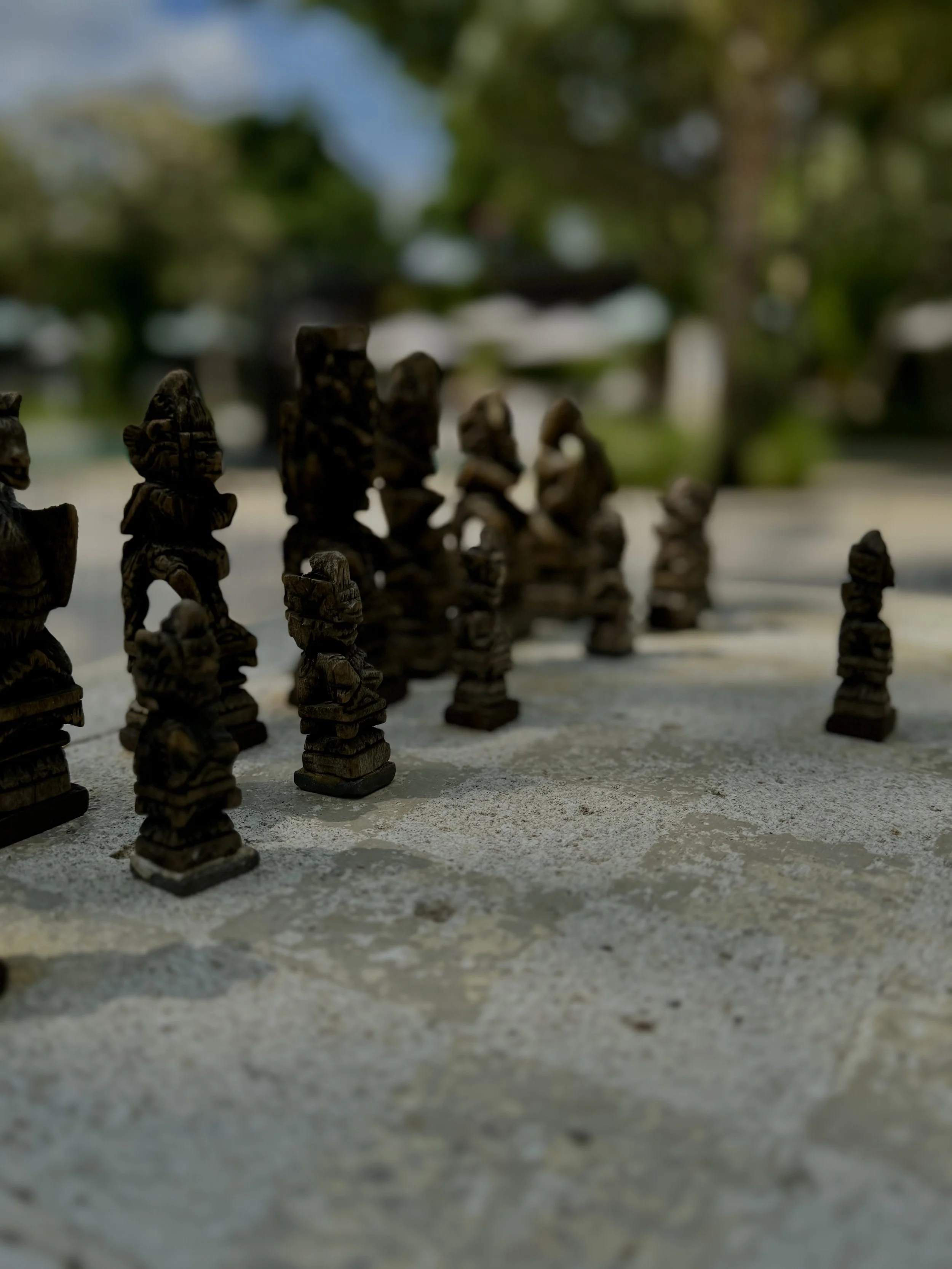 Close-up of small figurines made of dark carved wood, arranged on a flat surface with a blurred outdoor background of green trees and sky.