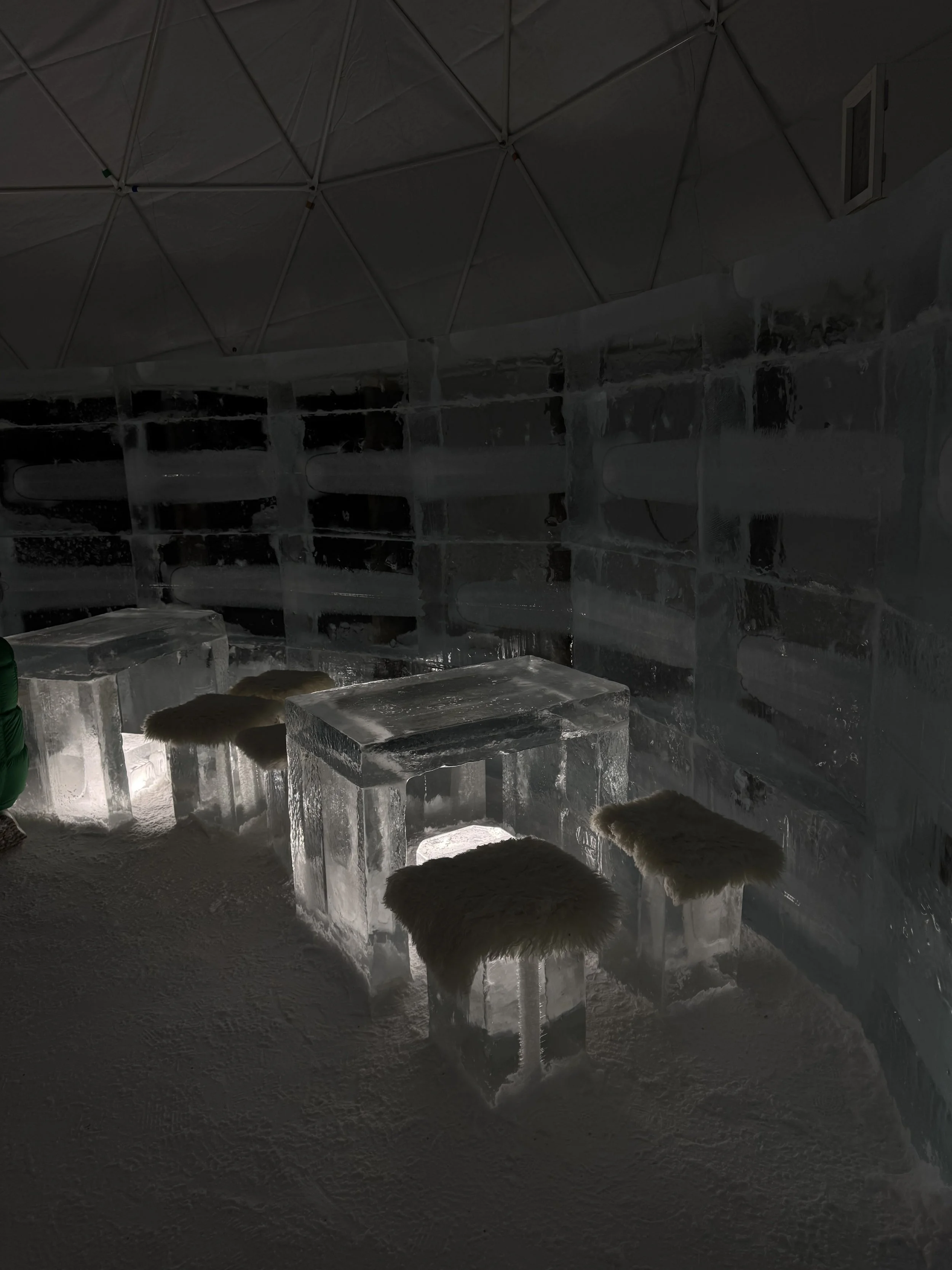 Ice bar with illuminated ice blocks, small furry stools, and a wolf lying on the ice floor in a dark, enclosed space.