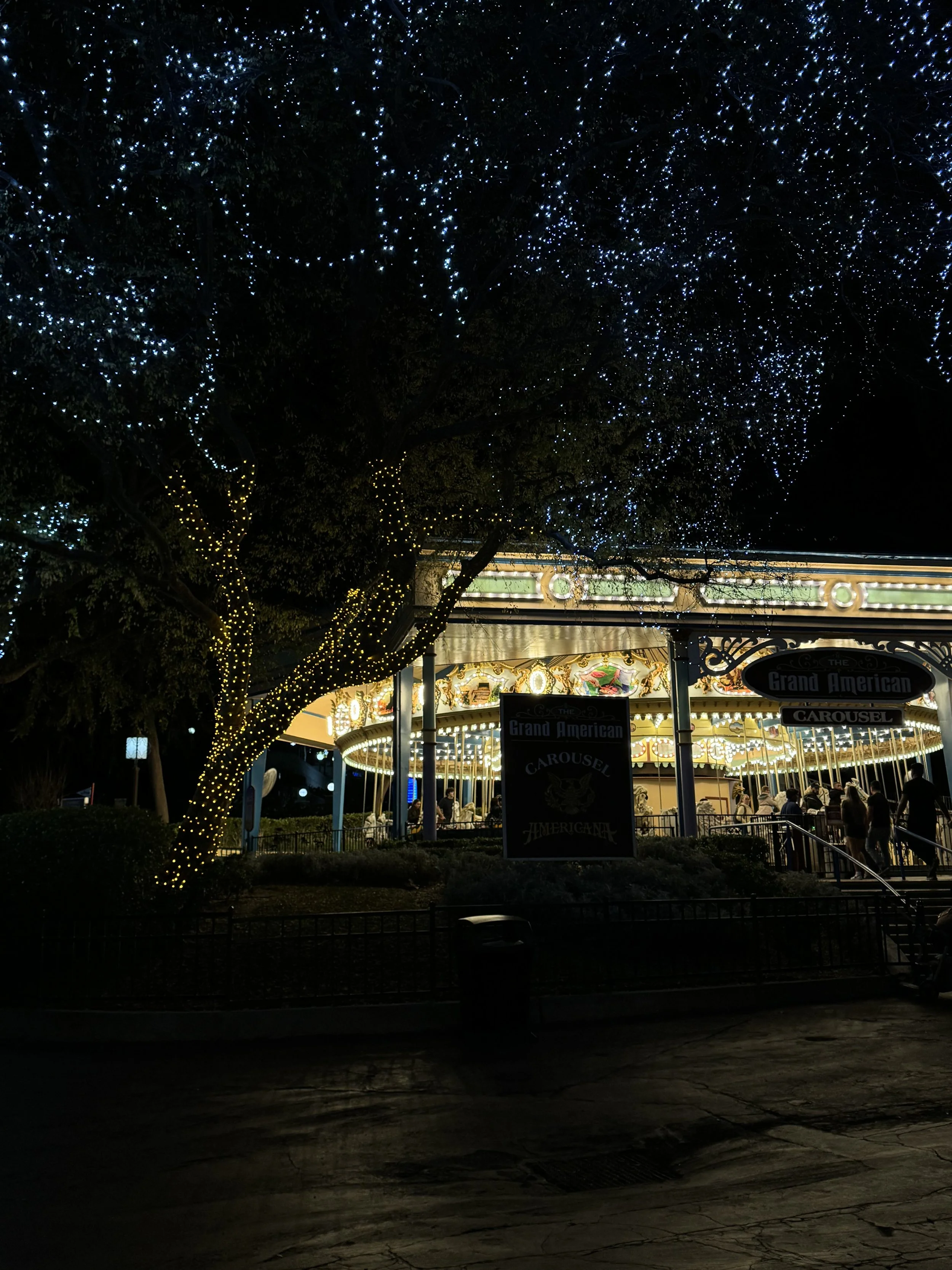 Nighttime scene of a carousel with bright lights and a decorated tree with string lights, located in an amusement park or fairground.