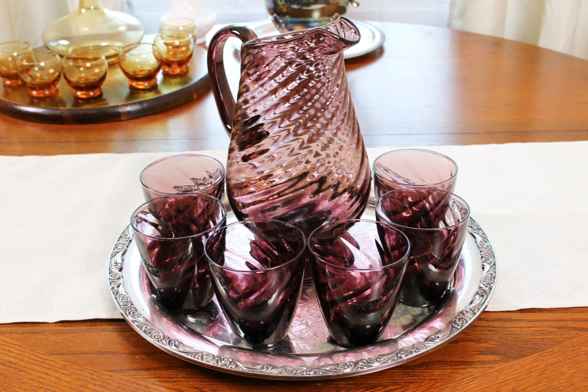 Amethyst Swirl Glass Pitcher and 6 Glasses Set