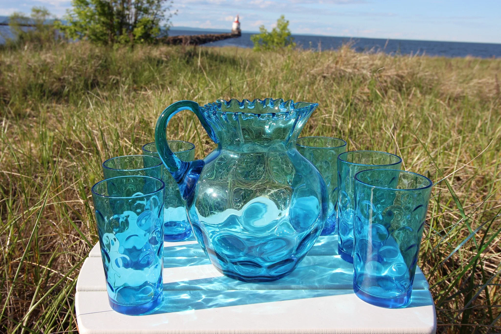 Vintage Aqua Blue Art Glass Beverage Set – Ruffled Pitcher, Textured Tumblers