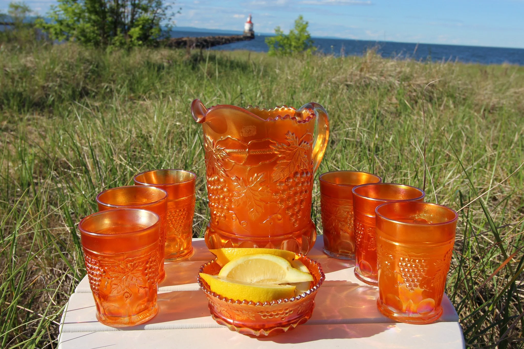 Northwood Grape Cable Carnival Glass Set, Marigold Iridescent 8-Piece Pitcher Glasses & Bowl