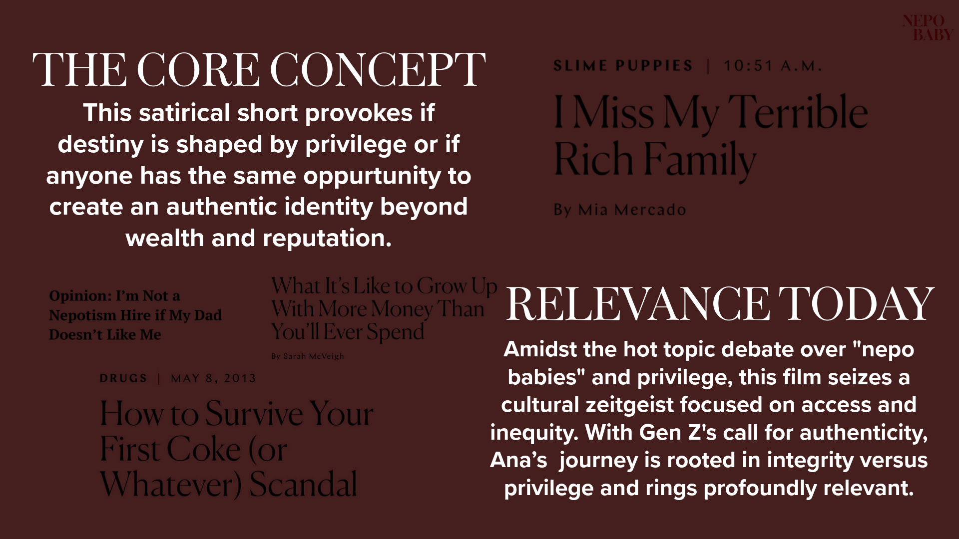 A graphic with dark red background displaying multiple white and black text snippets discussing social and cultural topics, including a large quote about privilege and authenticity, and various headlines and article titles.