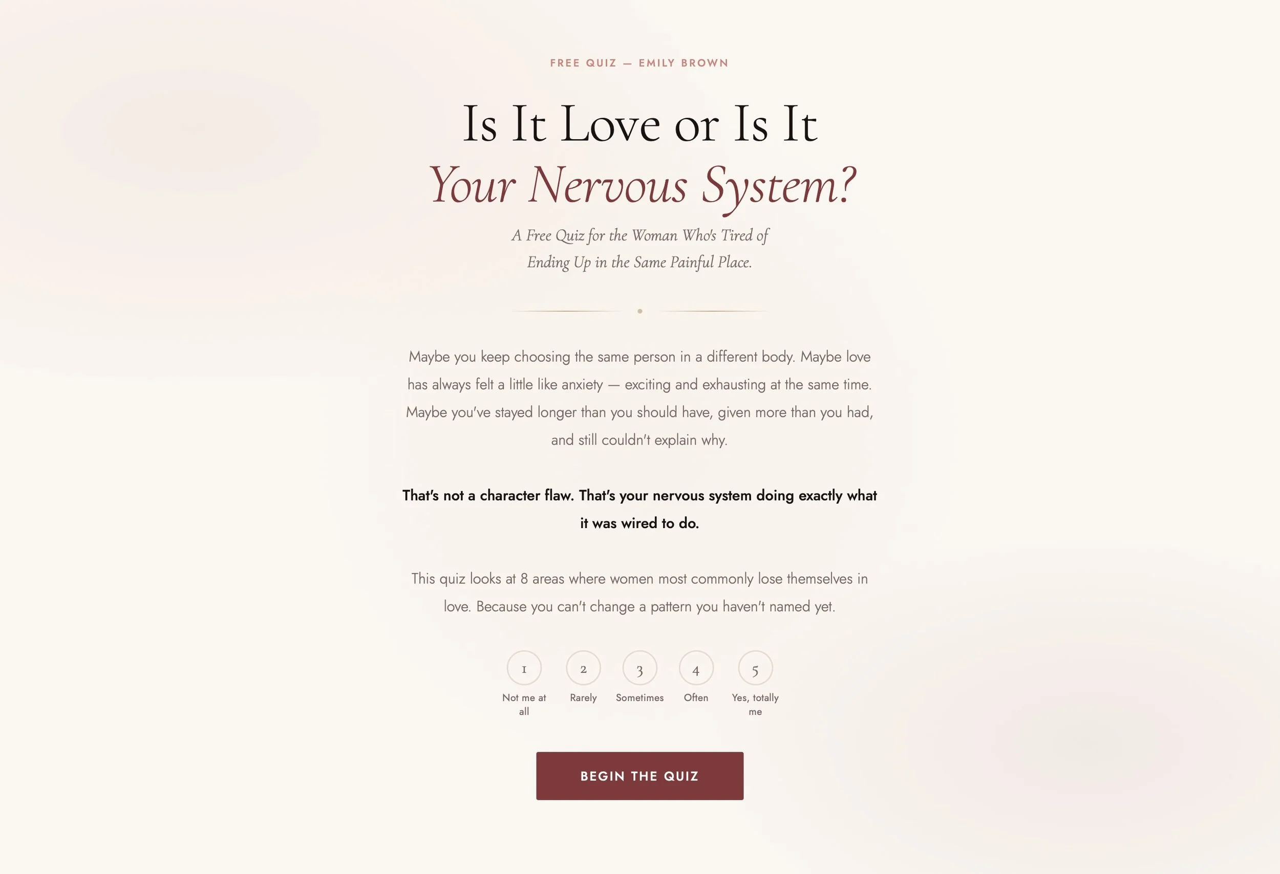 A webpage with a quiz titled 'Is It Love or Is It Your Nervous System?' offered as a free quiz for women to understand their love patterns, featuring navigation dots and a 'Begin the Quiz' button.