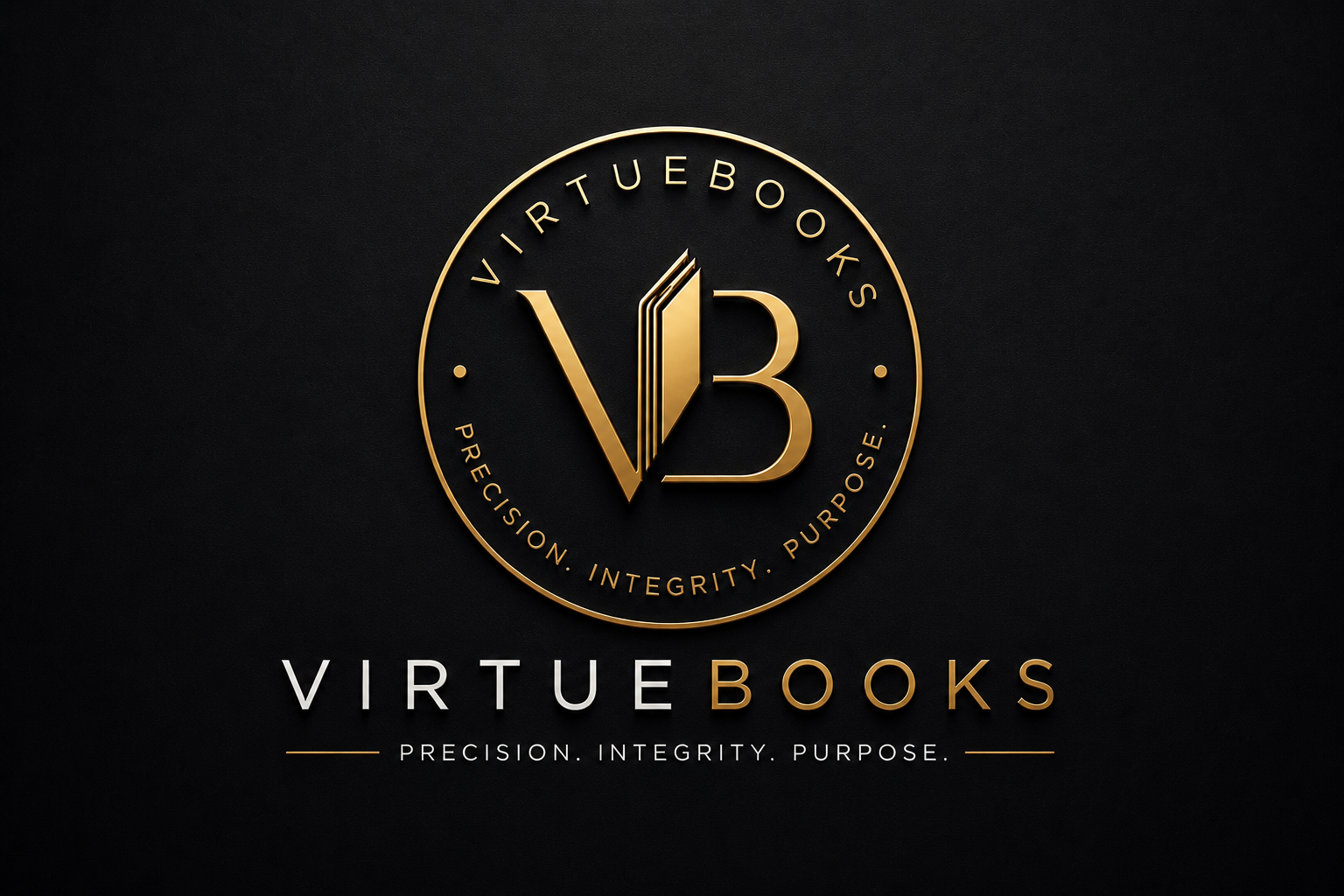Logo for Virtue Books with a gold emblem containing the letter V and a of B, encircled by the words 'Virtue Books', 'Precision. Integrity. Purpose.', on a black textured background.