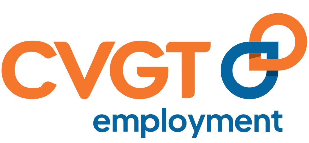 CVGT employment logo with orange and blue text and interlinked design elements