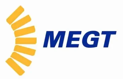 Logo with a yellow spiral design on the left and the word 'MEGT' in blue letters on the right.