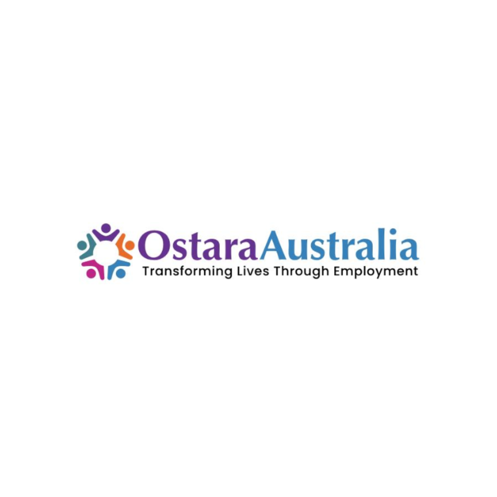 Logo for Ostara Australia with colorful figures holding hands around a white circle, and the tagline 'Transforming Lives Through Employment'.