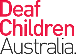 Logo of Deaf Children Australia in pink and black text.