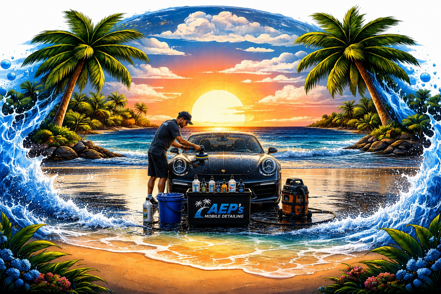 A man cleaning a luxury black sports car on a tropical beach during sunset, surrounded by palm trees and lush foliage, with a wave crashing around the scene.