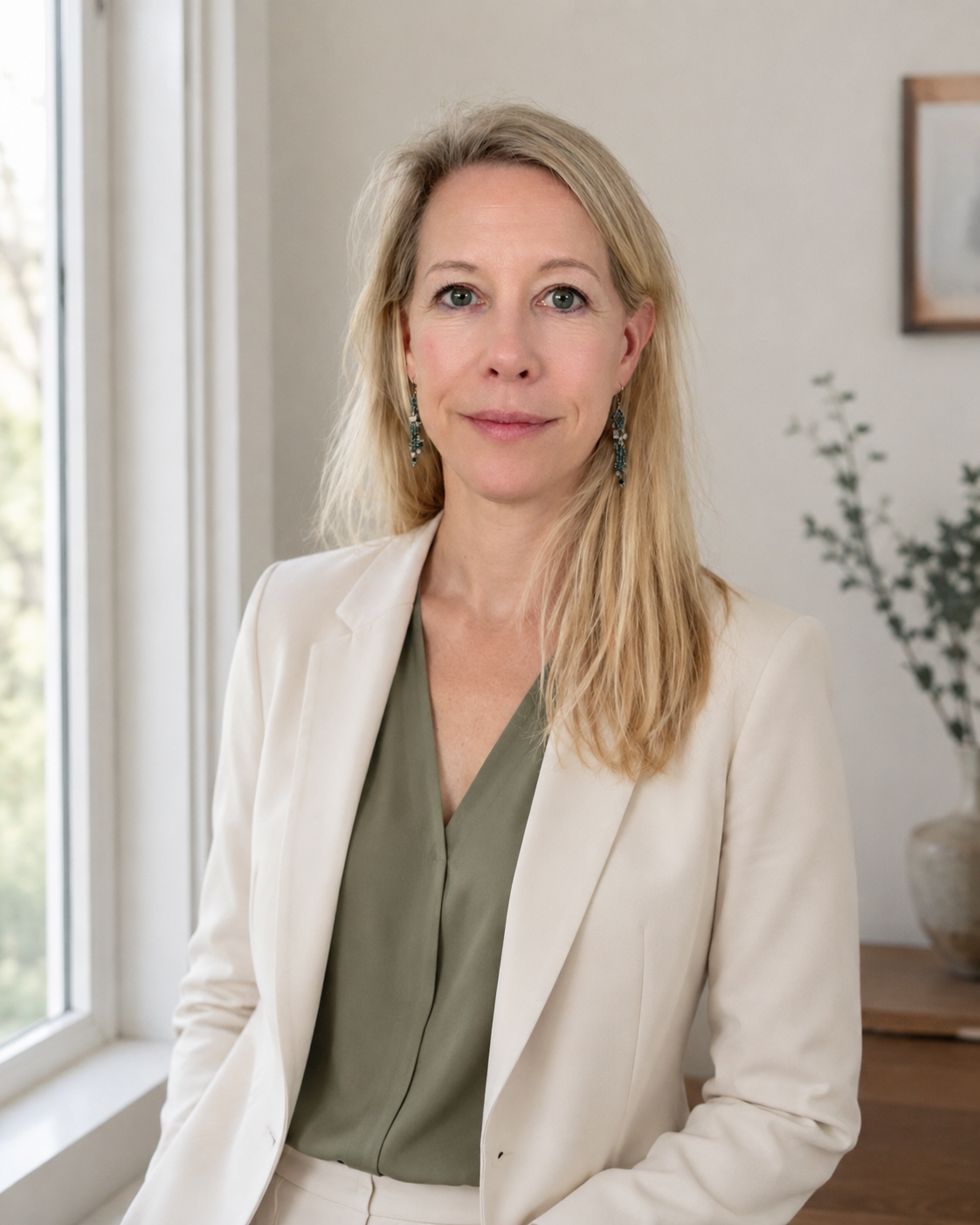 A woman in a cream-colored blazer and green blouse sitting in a bright room with natural light, with a window and plant in the background.
