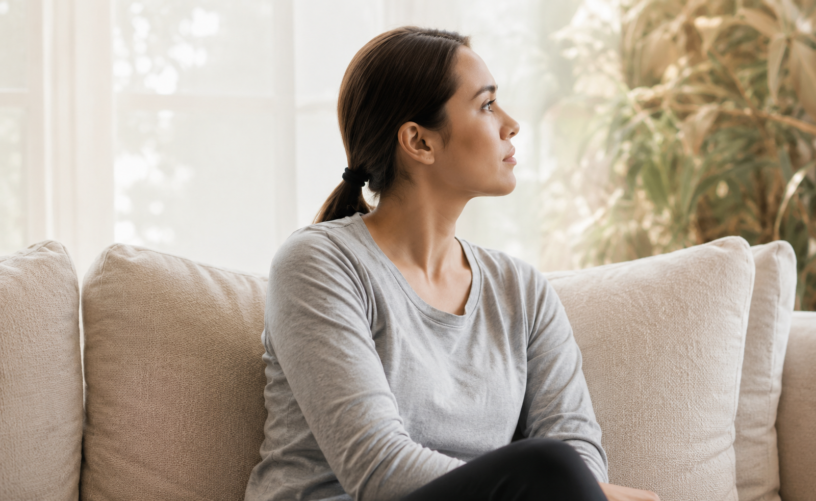 Woman sitting on a beige couch looking thoughtfully out a window with natural light and houseplants in the background.