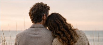 A couple with their heads together looking towards the sunset over the ocean