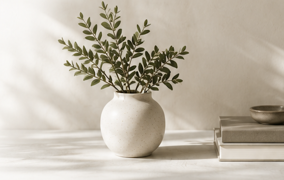 A white ceramic vase with green leafy branches on a white surface, next to a stack of books and a small bowl, with soft natural light casting shadows.