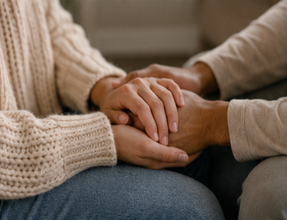 Two people holding hands, showing support and comfort.
